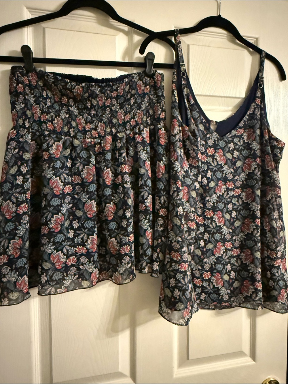CAbi Navy Floral Tank & Skirt Set with Pink and Cream Accents